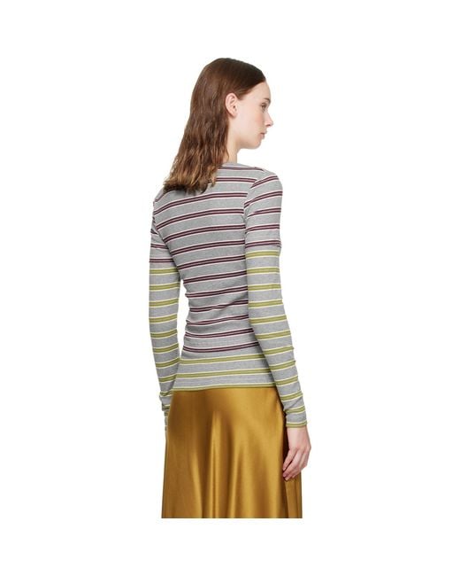 Ganni Gray Double Stripe Long-Sleeve T-Shirt
