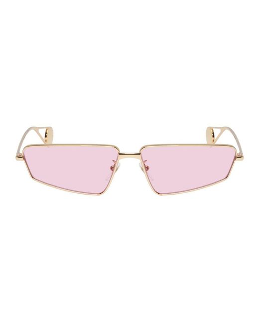 Gucci Metallic Rectangular Sunglasses In Golden Metal With Pink Lenses
