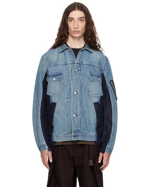 Sacai Men's Blue Nylon Twill & Denim Jacket Sacai Men's Blue Nylon Twill & Denim Jacket