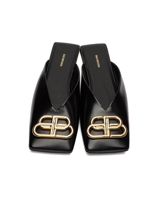 Balenciaga Leather Black Double Square Bb Flat Mules | Lyst