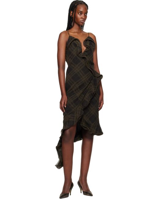 Burberry グリーン チェック シルク ラップ ミディアムドレス Black