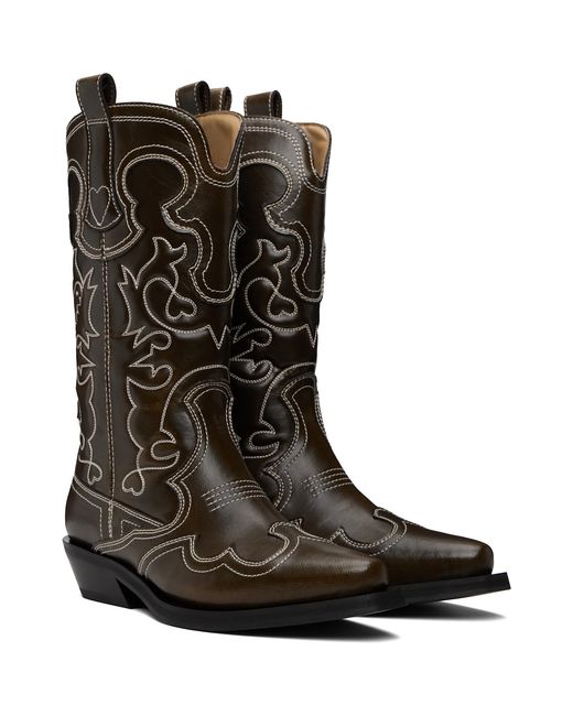 Ganni Brown Mid Shaft Embroidered Western Boots