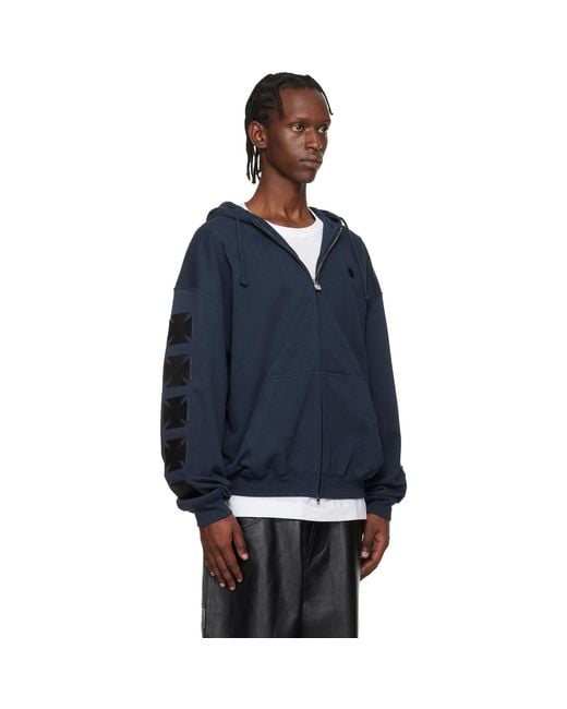 Vetements Blue Leather Biker Crosses Zip-Up Hoodie for men