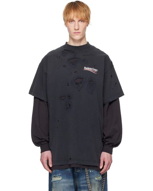 メンズ Balenciaga ブラック Political Campaign レイヤード 長袖Tシャツ Blue