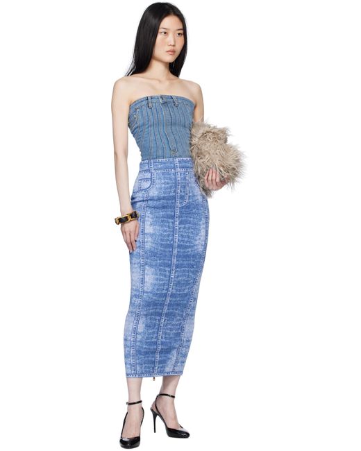 Balmain Blue Denim Effect Knit Midi Skirt