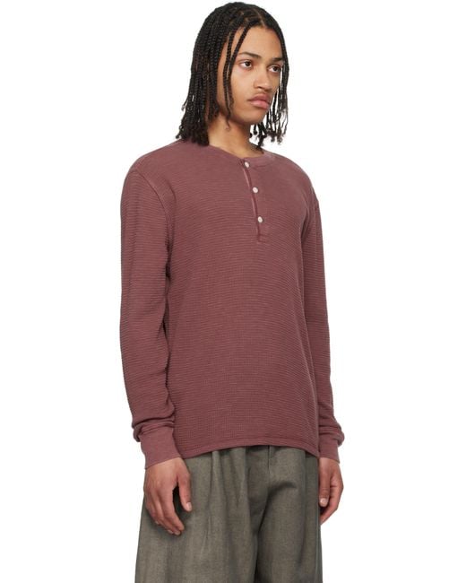 メンズ RRL バーガンディ ガーメントダイ ワッフル ヘンリーネック Tシャツ Red