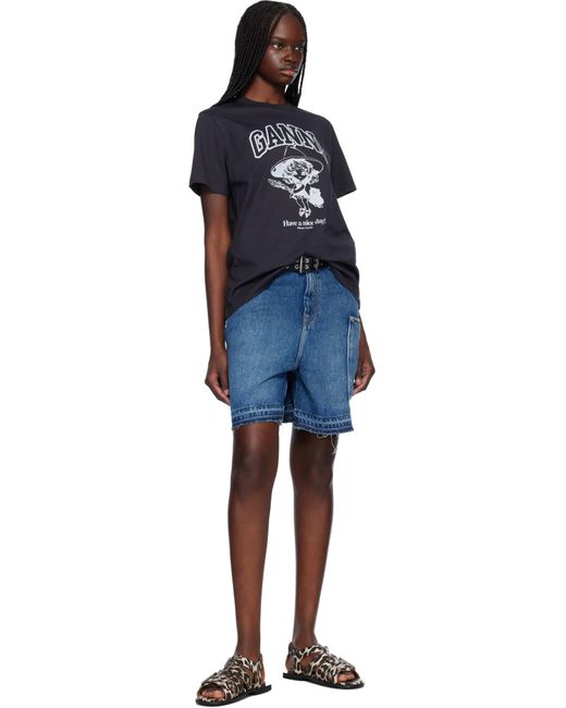 Ganni Black Feminine Buckle Strap Denim Sandals