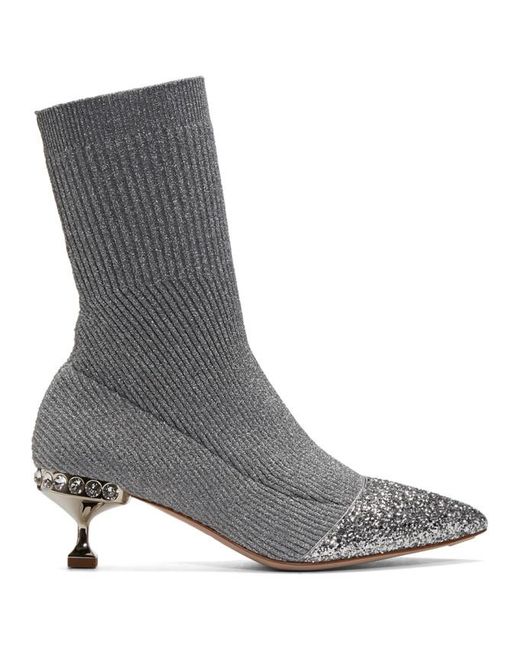 Miu Miu Metallic Silver Glitter Sock Boots