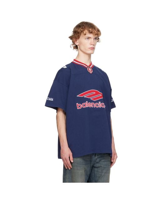 Balenciaga Blue 3B Football V-Neck Oversized T-Shirt for men