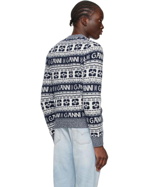 Ganni Black Navy & White Crewneck Sweater for men