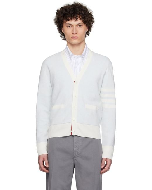 Thom Browne White Thom E Linen Cotton 4-bar Relaxed Fit Cardigan for men