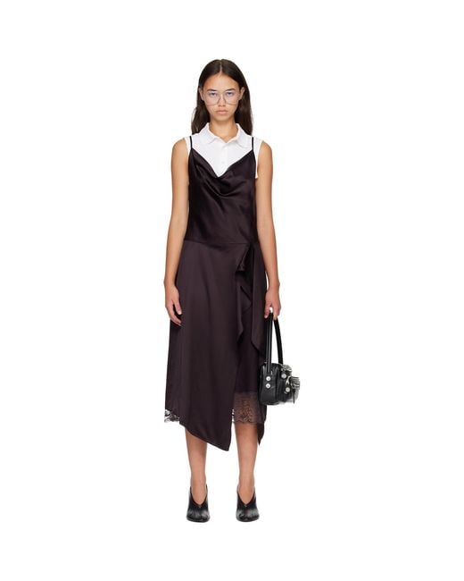 Acne Black Shiny Satin Slip Midi Dress