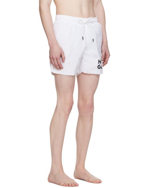 HUGO White Printed Swim Shorts for men