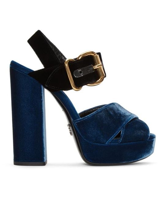Prada Blue & Black Velvet Platform Sandals | Lyst