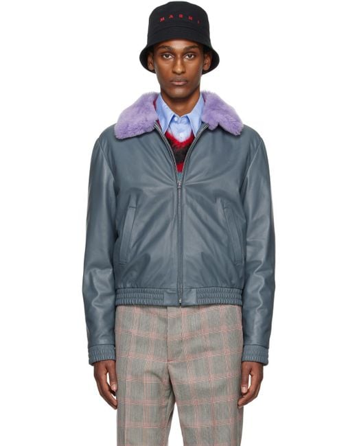 Marni Blue Gray Contrast Leather Jacket for men