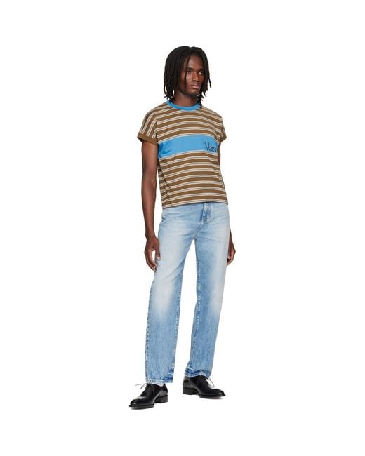 Versace Blue Embroidered-Logo Striped-Intarsia Cotton T-Shirt for men