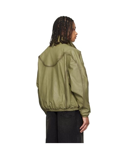 Wooyoungmi Green Khaki High Neck Leather Jacket for men