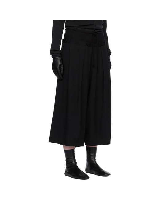 Y's Yohji Yamamoto Black Wool Gabardine Rib Waist Wide Trousers