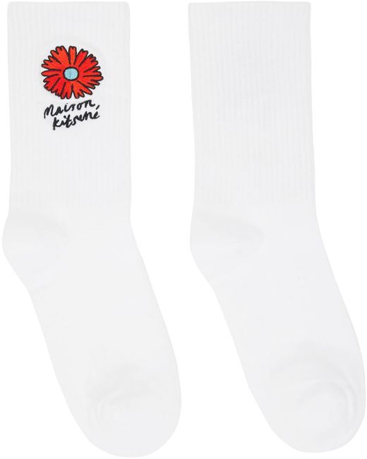 Chaussettes de sport blanches à logo floating flower Maison Kitsuné en coloris White