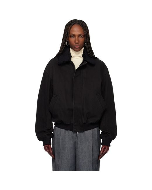 TONYWACK Black Washed Cotton Faux-Shearling Trim Bomber Jacket