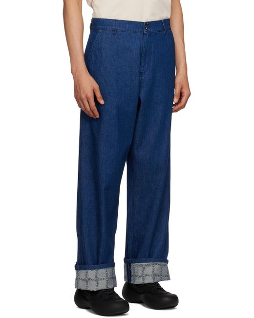 J.W. Anderson Blue Indigo Grid Turn-up Workwear Jeans for men