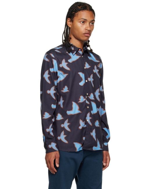PS by Paul Smith Blue Navy Shadow Birds Shirt for men