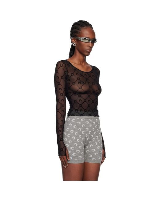 MARINE SERRE Black Moonogram Mesh Flock Ls Cropped Top