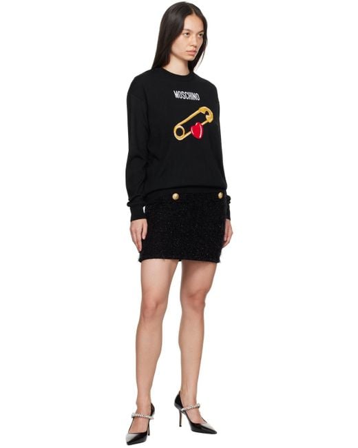 Moschino Black Intarsia Heart Safety Pin Sweater