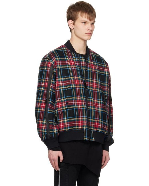 Undercover Black Red Plaid Reversible Bomber Jacket for men