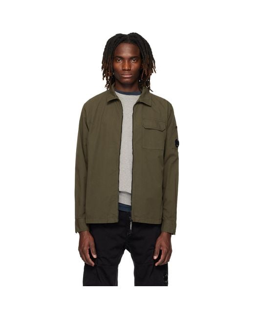 C P Company Black Khaki Organic Gabardine Zipped Lens Overshirt for men