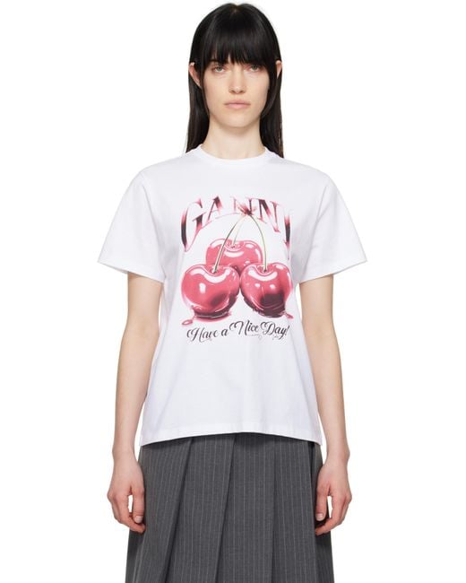 Ganni White Basic Jersey Cherry Relaxed T-Shirt