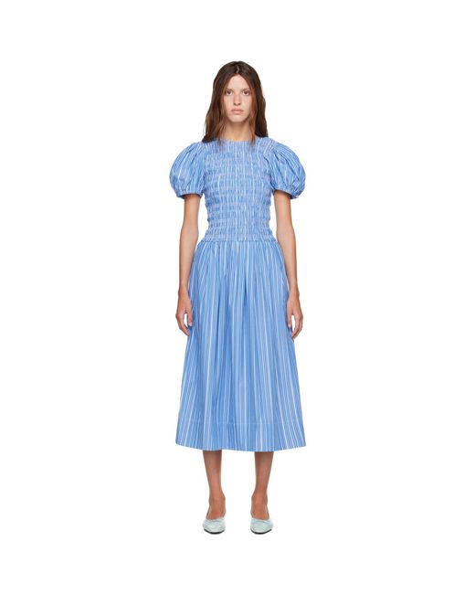 Ganni Blue Striped Cotton Midi Dress