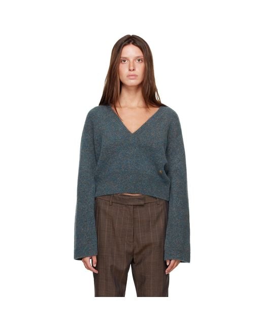 Ganni Gray Melange Mohair Deep V-Neck Sweater