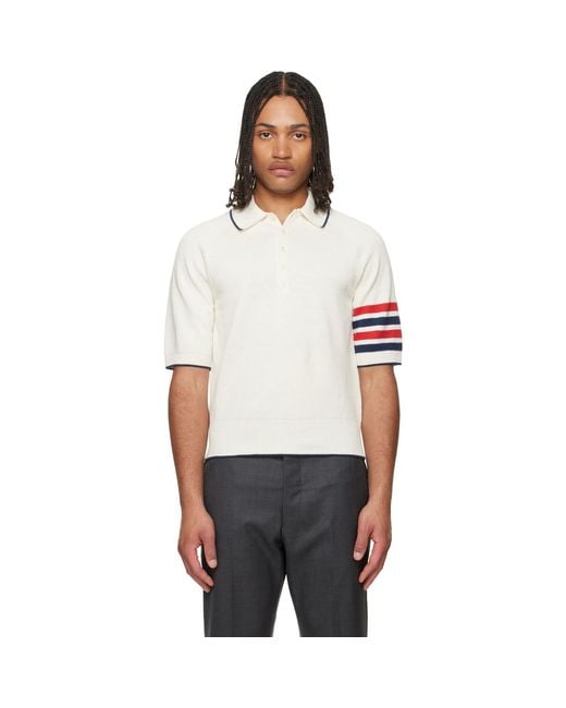 Thom Browne White Thom E Linen Cotton 4-bar Relaxed Fit Polo for men