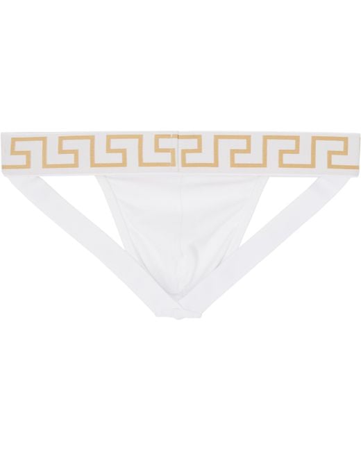 メンズ Versace ホワイト グレカ ボーダー ジョックストラップ Black