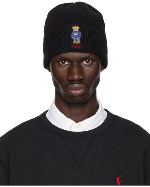 Polo Ralph Lauren Black Solid Flag Bear Beanie for men