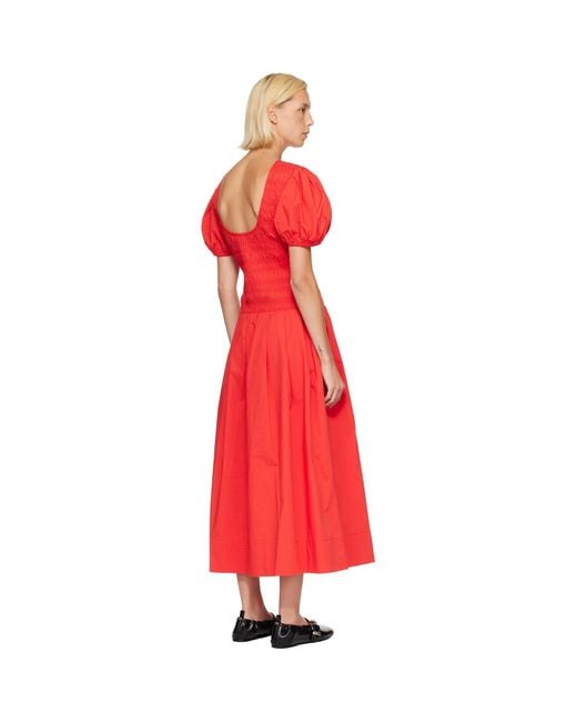 Ganni Red Smocked Cotton Midi Dress