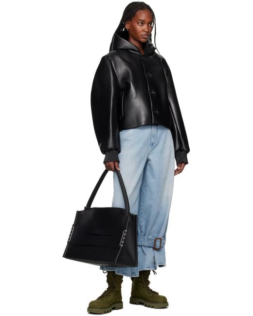 J.W. Anderson ブラック クロップド フード ブルゾン レザージャケット Black