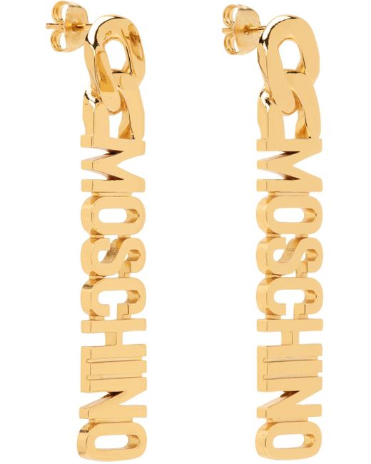 Moschino Metallic Gold Logo Lettering Pendant Earrings