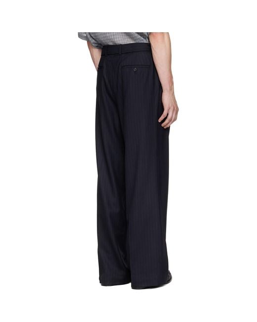 TONYWACK Blue Pinstriped Wool Belted Trousers for men