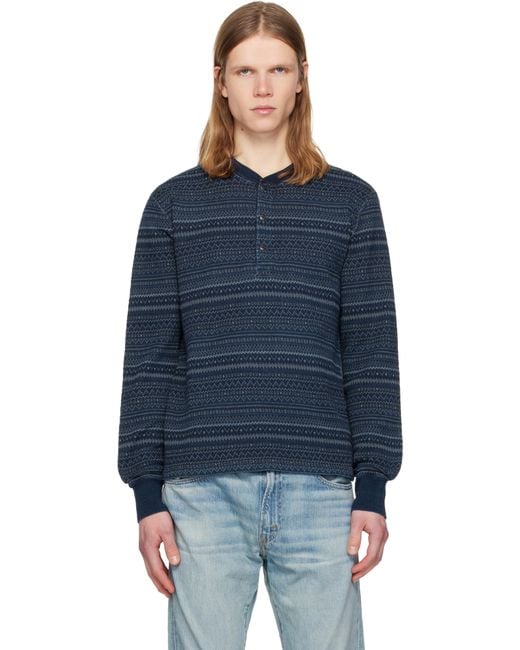 RRL Blue Jacquard Henley for men
