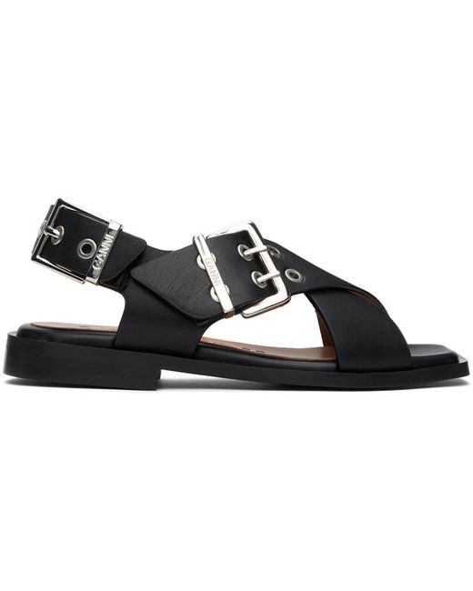 Ganni Black Feminine Buckle Cross Strap Sandals