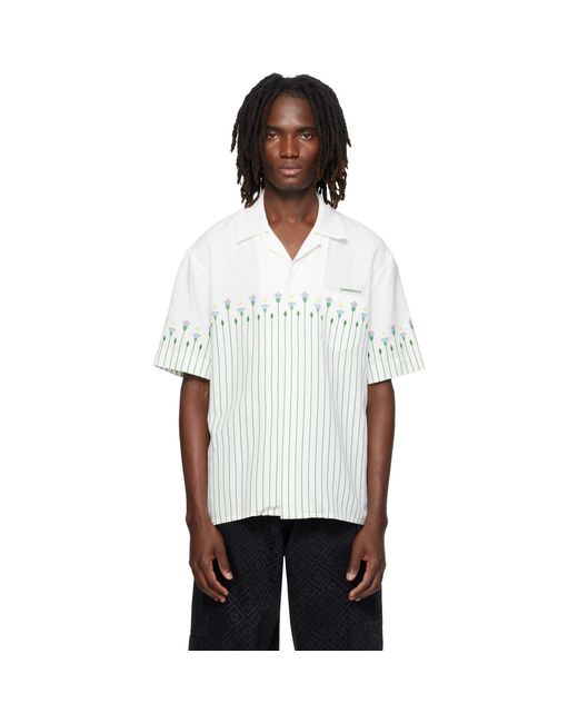 Casablanca White Linen Floral Stripe Sporty Short Sleeve Shirt for men