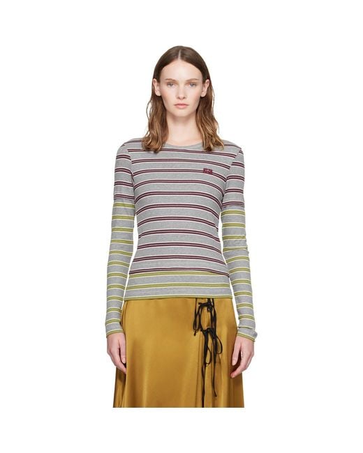 Ganni Gray Double Stripe Long-Sleeve T-Shirt