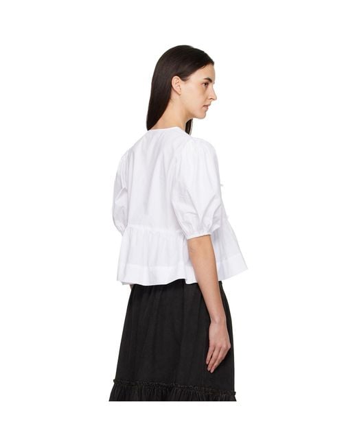 Ganni White Cotton Poplin Peplum Tie Blouse