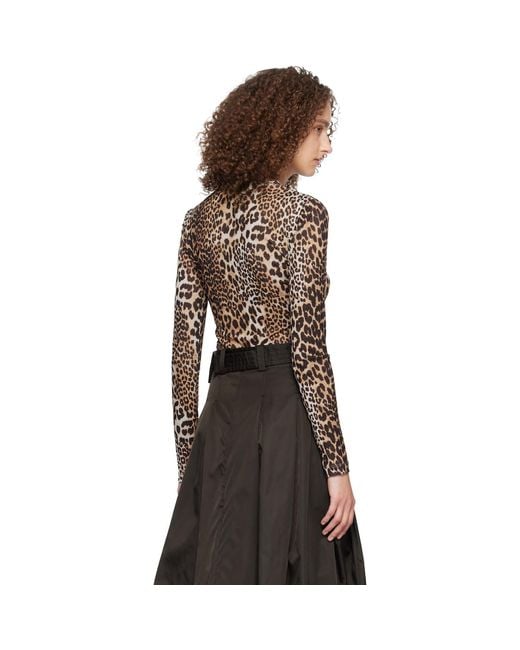 Ganni Black Leopard Printed Mesh Long Sleeve T-Shirt