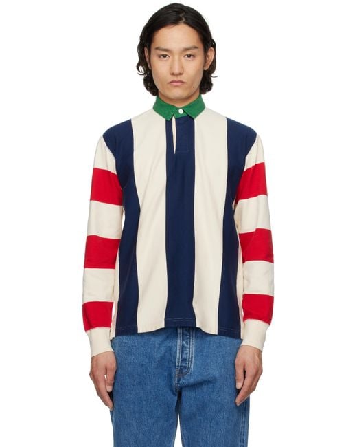 Drake's Red Off- & Vertical Block Stripe Cotton Rugby Polo for men