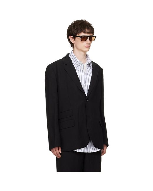AMI Black Linen Blend Single-Breasted Straight Blazer for men