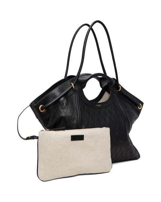 Balmain Black Topstitched Leather Large Tote