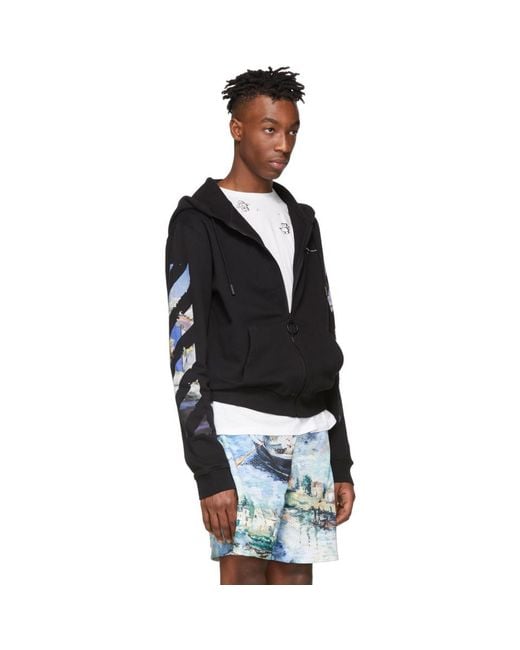 Black diag multicolor zipped hoodie top